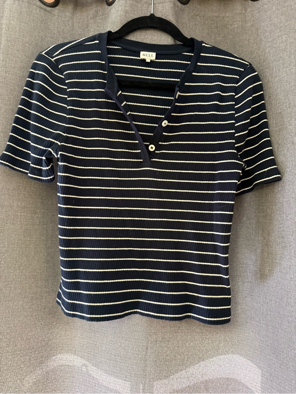 KULE Navy and White Striped Short Sleeve Henley Tee